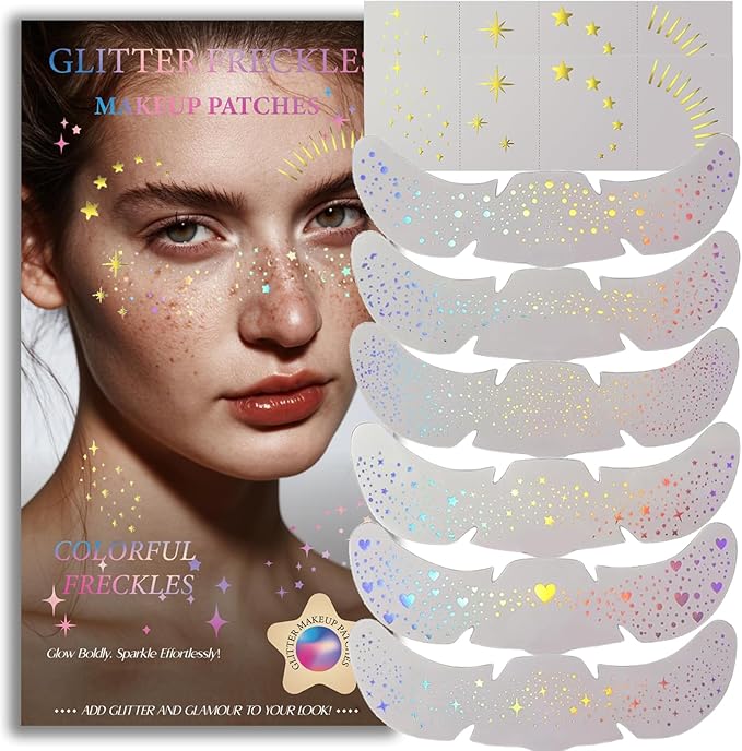 Glitter Freckles, Holographic Face and Body Glitter Tattoo Sparkle for Women Gold Glow Cosmetic Star Makeup Accessories for Runners (Holographic)