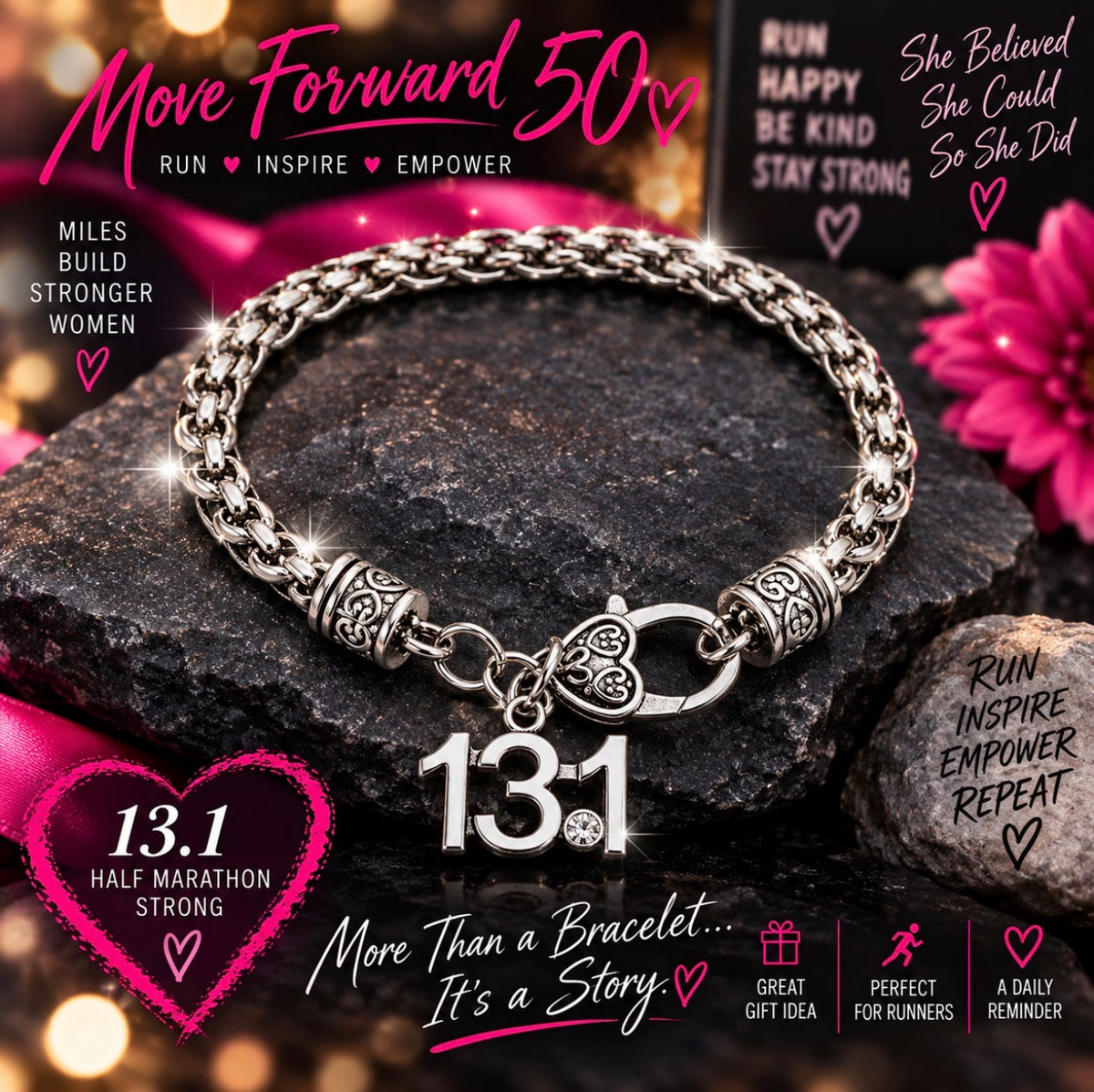 Move Forward 50 Running Milestone Bracelet – 5K, 10K, 13.1 & 26.2