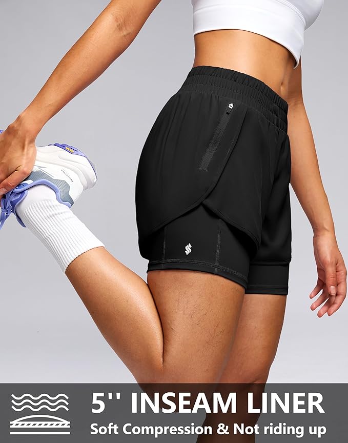 Women's 2 in 1 Athletic Running Shorts with Liner Zipper Pocket 5" High Waisted Running Shorts for Women