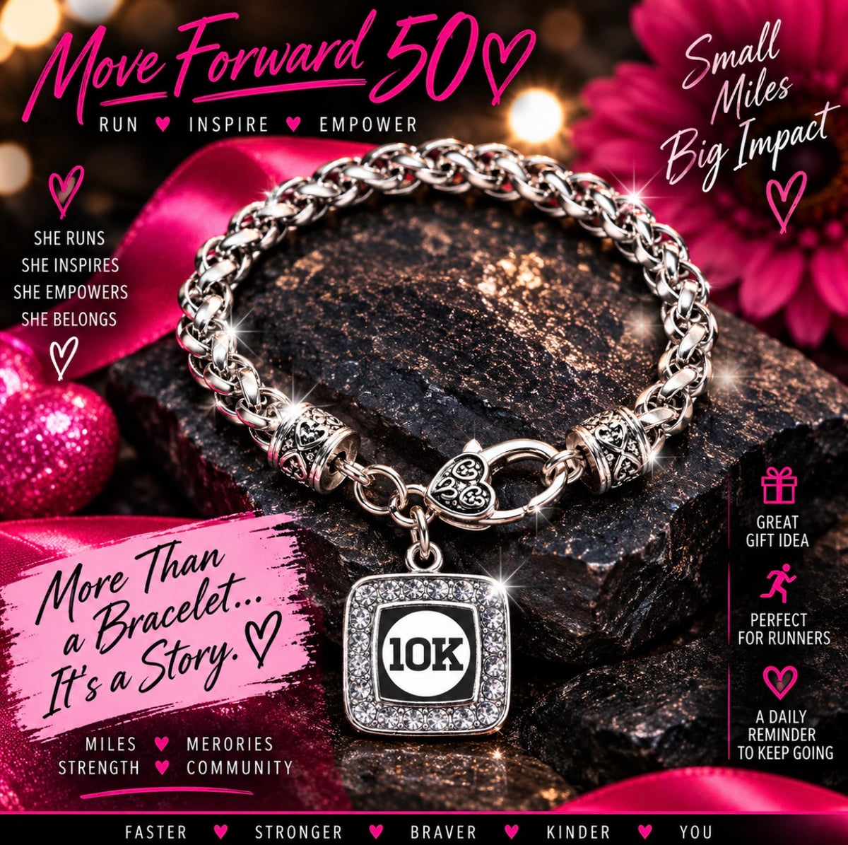 Move Forward 50 Running Milestone Bracelet – 5K, 10K, 13.1 & 26.2