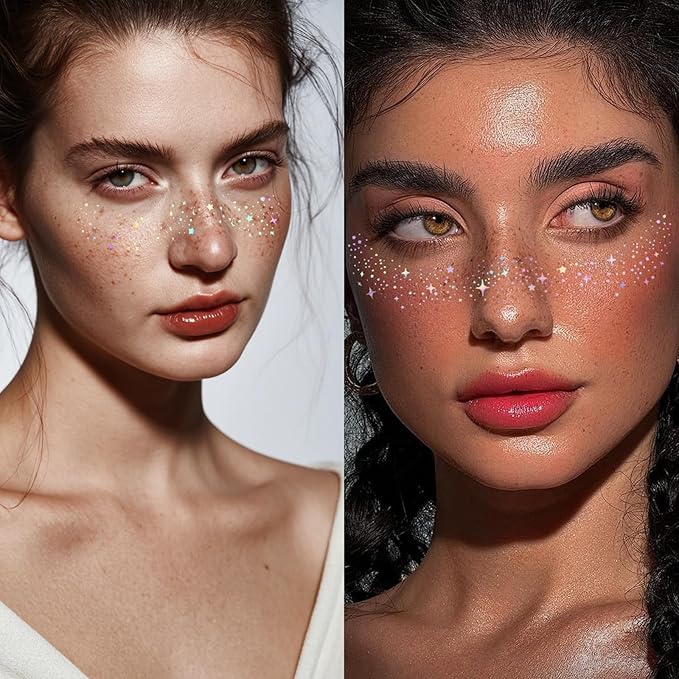 Glitter Freckles, Holographic Face and Body Glitter Tattoo Sparkle for Women Gold Glow Cosmetic Star Makeup Accessories for Runners  (Holographic)